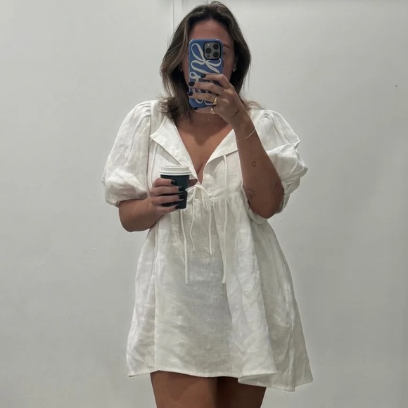 Marlow & Mae Markets Tie Puff Sleeve Linen Babydoll Mini Dress AU XXS US 0-2 NEW - Picture 5 of 10